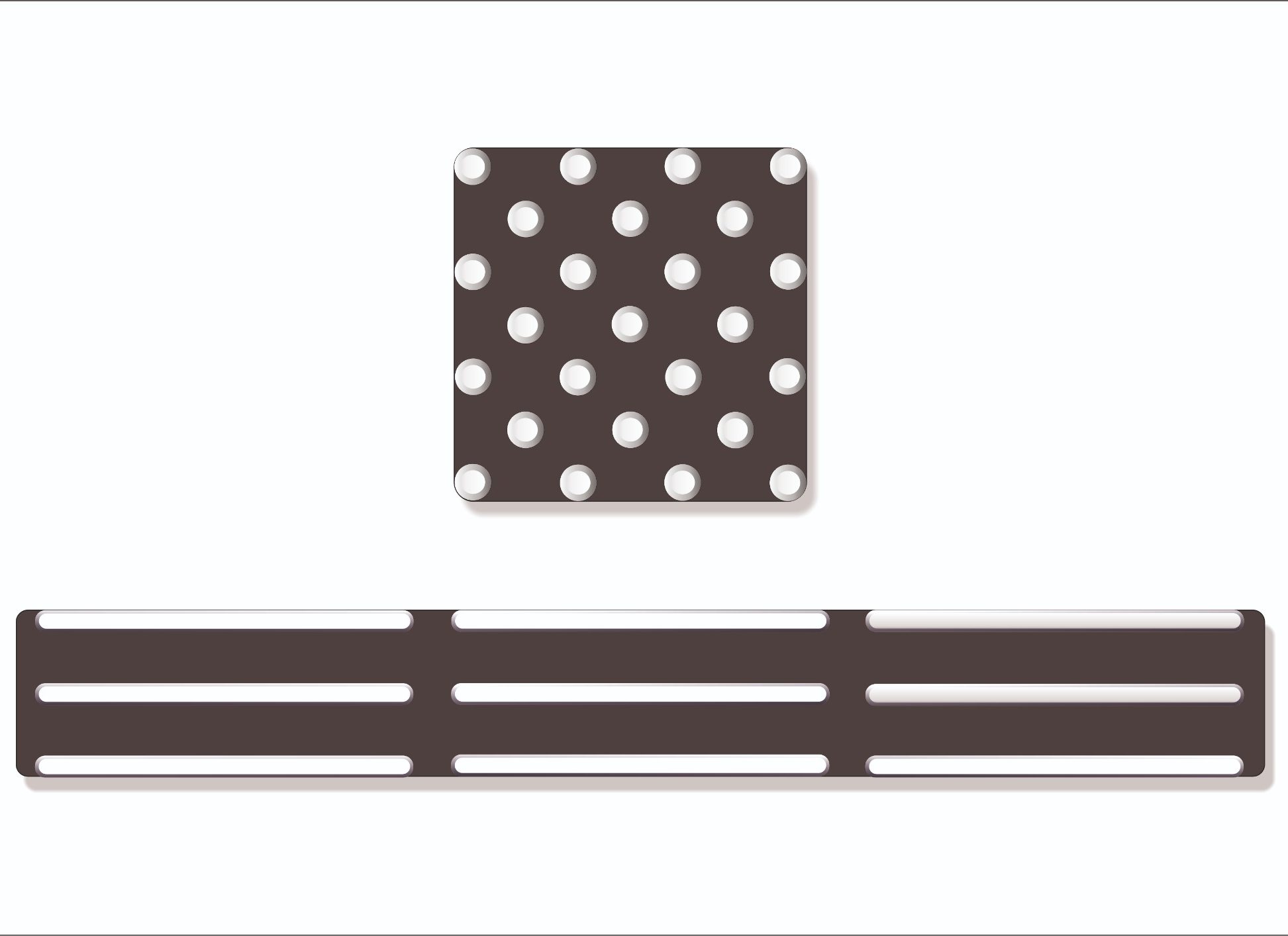 Aufmerksamkeits- und Leitlinienfeld Schwarze Matte mit weißen Noppen oben und rechteckiger Struktur mit Leitstreifen unten.