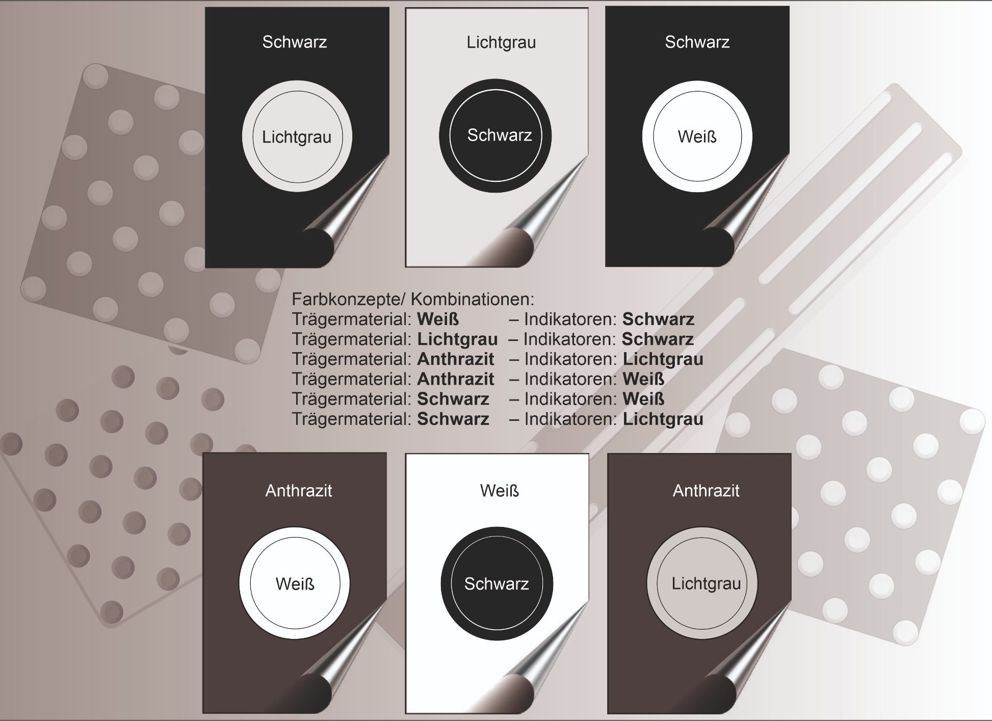 Farbauswahl Tabellenübersicht mit verschiedenen Farben und Texturen für Designoptionen.
